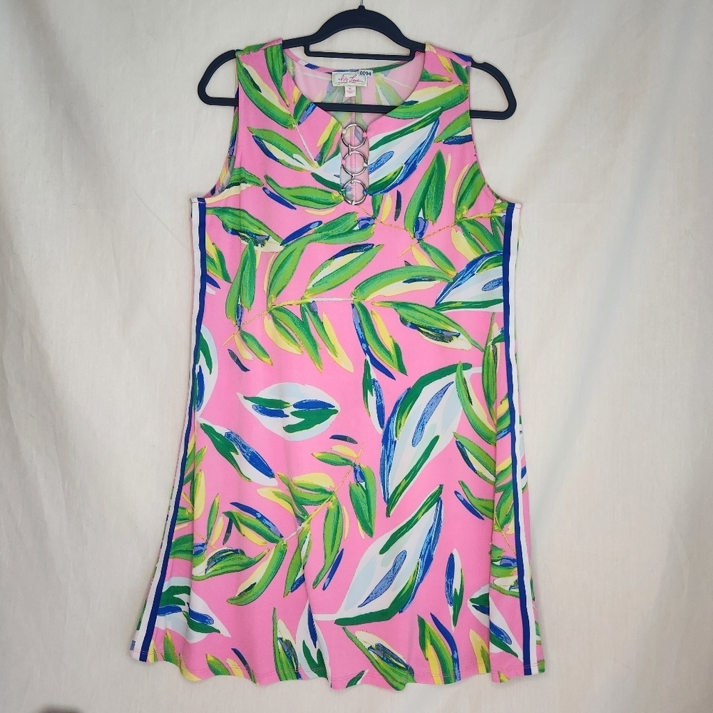 Ivy Lane Pink Dress W Green, Blue Tropical Leaf Pattern Size Petite L